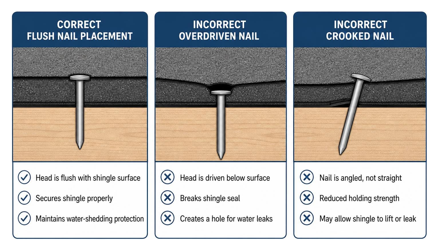 diagram illustrating correct flush nail placement versus incorrect overdriven and crooked nails diagram illustrating correct flush nail placement versus incorrect overdriven and crooked nails