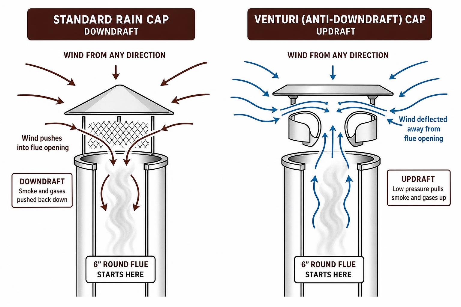 diagram of airflow comparing standard rain cap downdraft versus venturi cap updraft diagram of airflow comparing standard rain cap downdraft versus venturi cap updraft