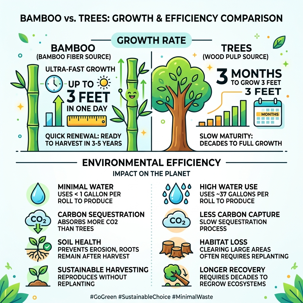Bamboo growth rate vs. trees and environmental efficiency comparison infographic - bamboo fiber kitchen towels infographic 