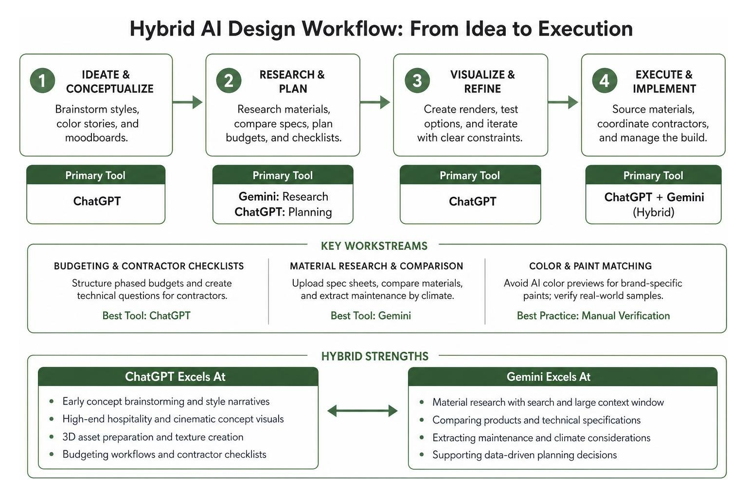 Diagram of the hybrid AI design workflow from idea to execution