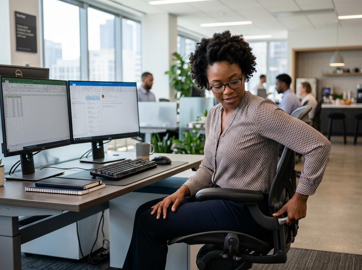 worker adjusting office chair lumbar support for better posture - workstation ergonomics pdf