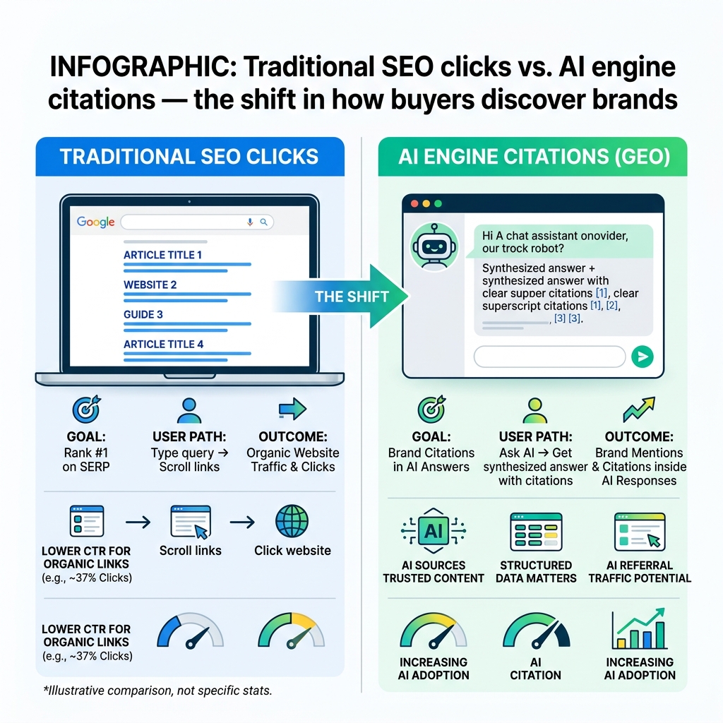 Infographic: Traditional SEO clicks vs. AI engine citations — the shift in how buyers discover brands - GEO for Founders