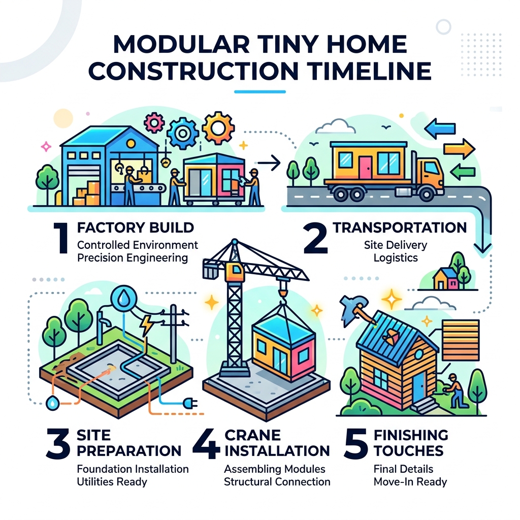Modular tiny home construction timeline from factory build to foundation installation infographic - modular tiny home builds