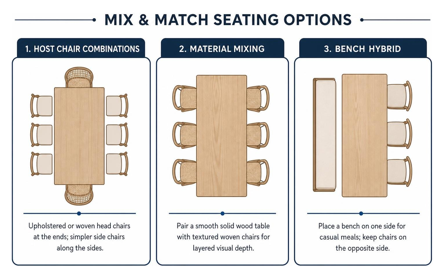 Diagram of mix and match seating options for dining rooms