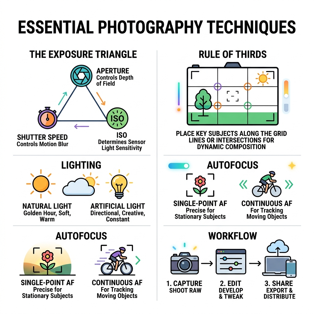 Infographic showing basic photography techniques: exposure triangle, rule of thirds, lighting, autofocus, and workflow Infographic showing basic photography techniques: exposure triangle, rule of thirds, lighting, autofocus, and workflow