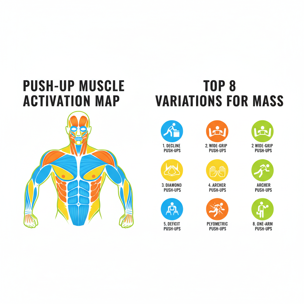 Infographic showing push-up muscle activation map and top 8 variations for mass - best push up variations for mass Infographic showing push-up muscle activation map and top 8 variations for mass - best push up variations for mass