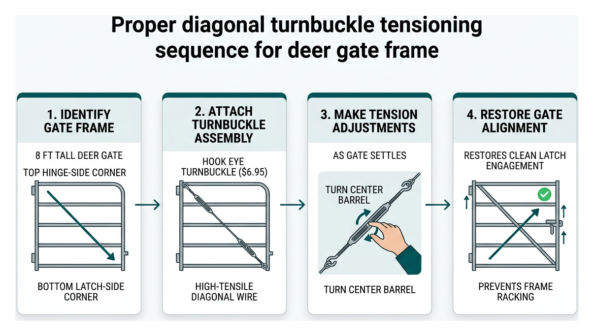 Proper diagonal turnbuckle tensioning sequence for deer gate frame Proper diagonal turnbuckle tensioning sequence for deer gate frame