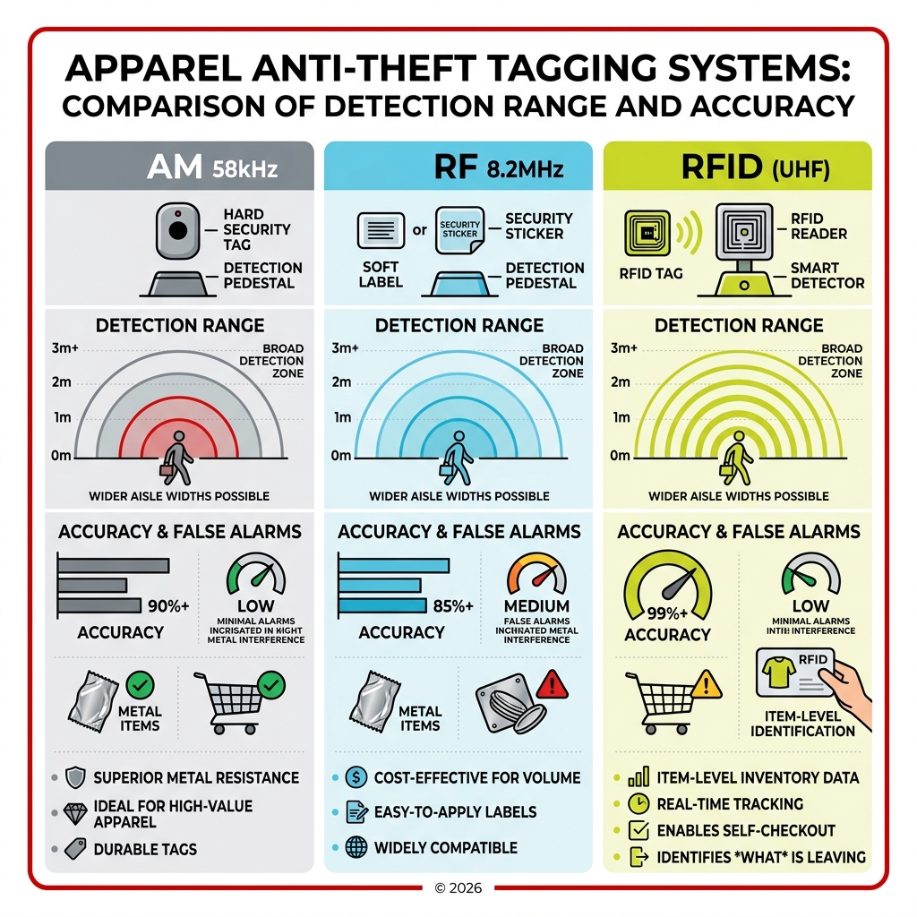 Comparison of AM, RF, and RFID detection ranges and accuracy - apparel anti-theft tagging systems infographic 