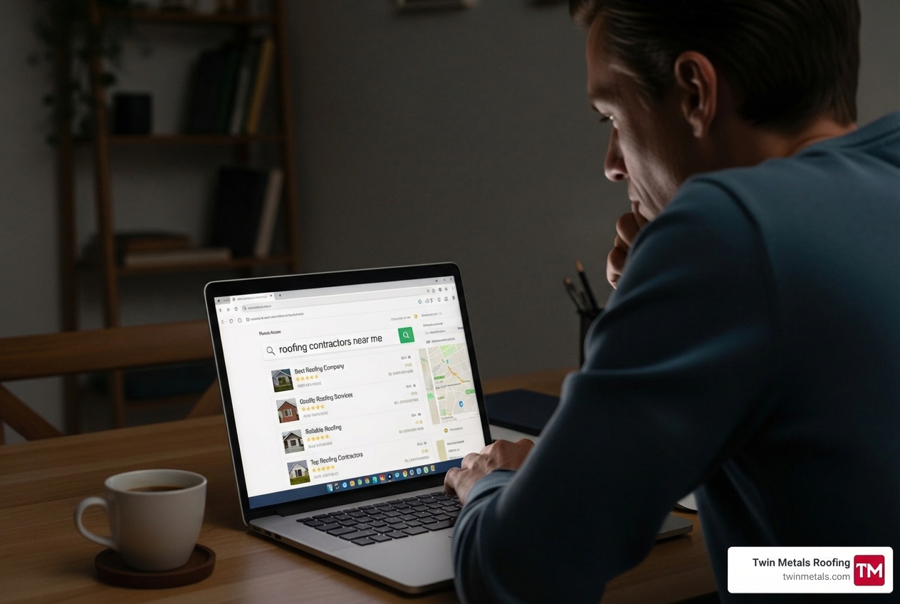 person on laptop searching for local roofing contractors - shingle roofer near me person on laptop searching for local roofing contractors - shingle roofer near me