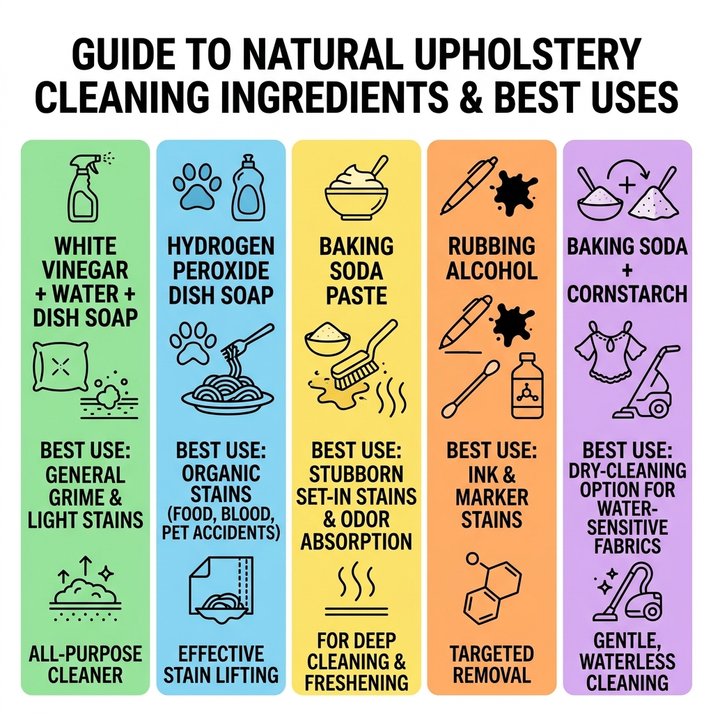 Infographic comparing natural upholstery cleaning ingredients and their best uses - natural upholstery stain remover