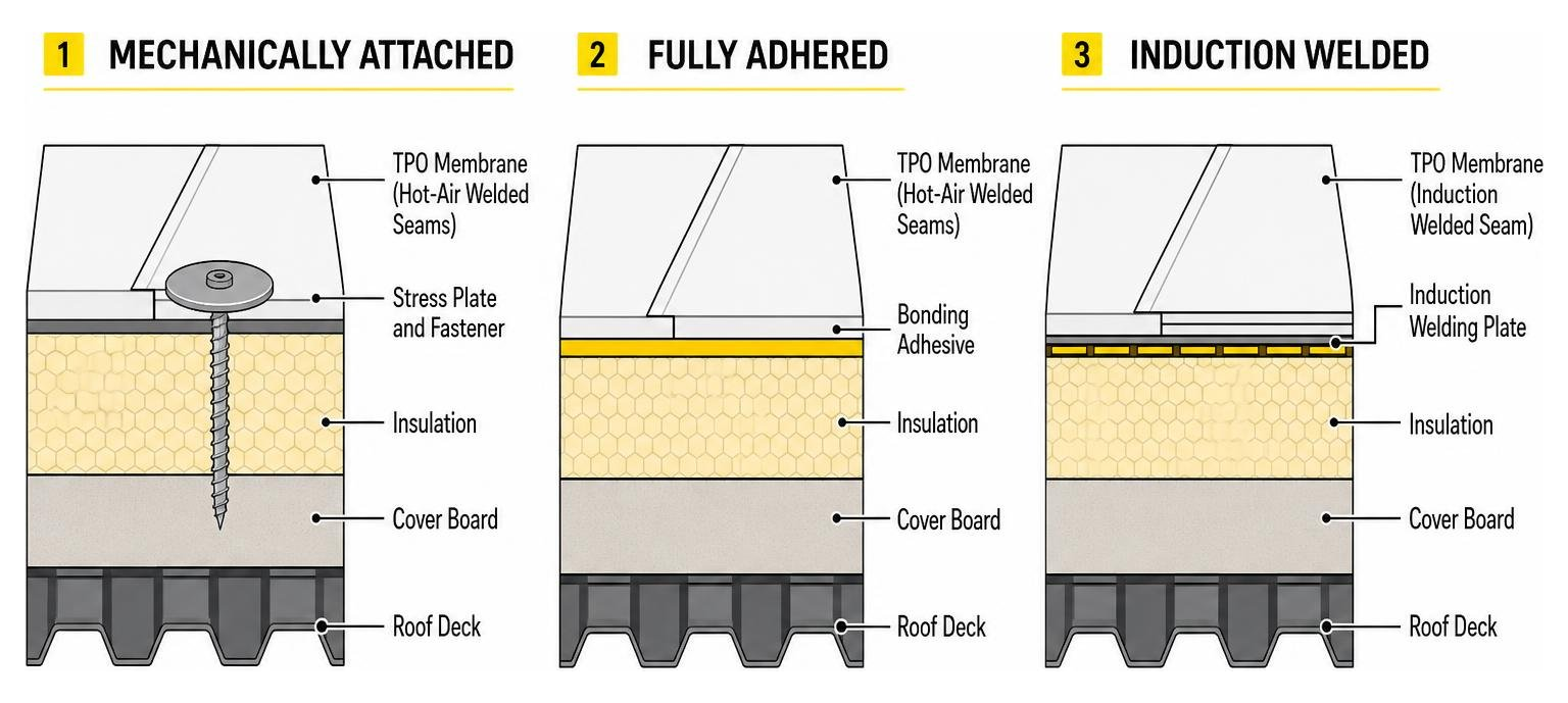 Diagram showing mechanical attachment vs fully adhered vs induction welded TPO assembly layers Diagram showing mechanical attachment vs fully adhered vs induction welded TPO assembly layers