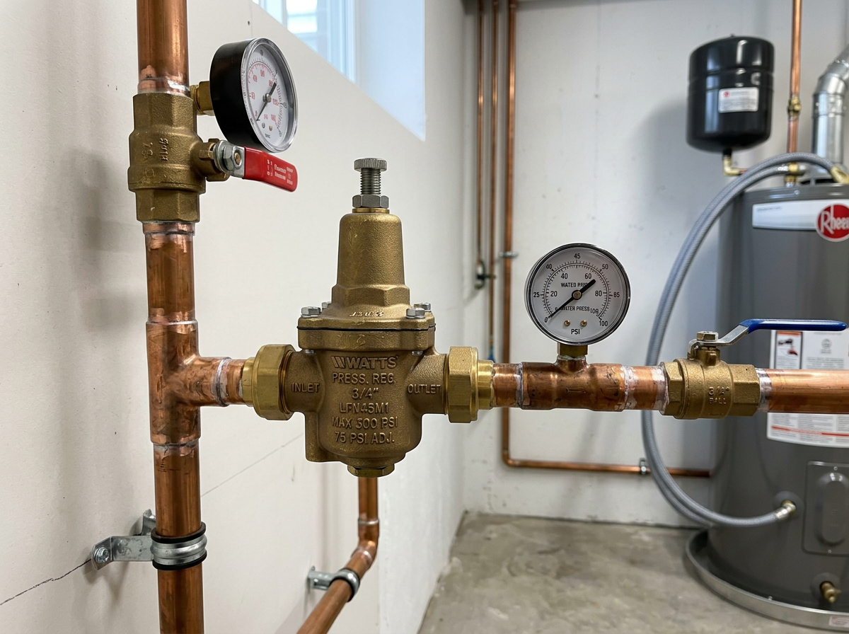 Water pressure regulator valve installed on a main water line in a home Water pressure regulator valve installed on a main water line in a home