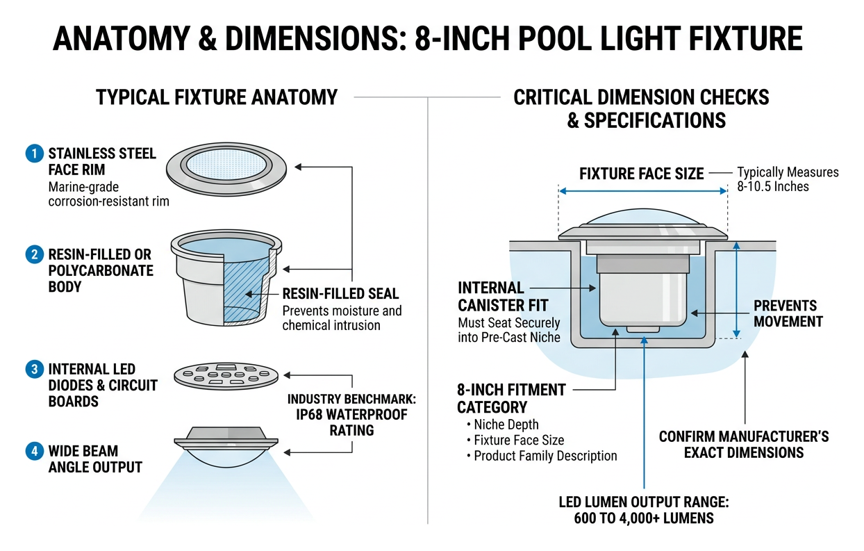 Anatomy and dimension specifications of an 8-inch pool light