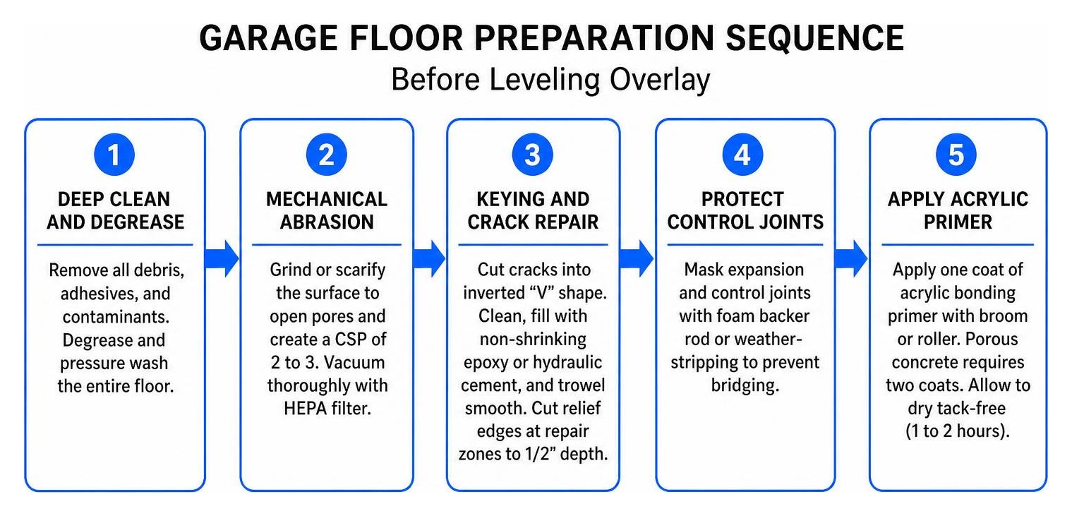 Garage floor preparation sequence before leveling overlay Garage floor preparation sequence before leveling overlay