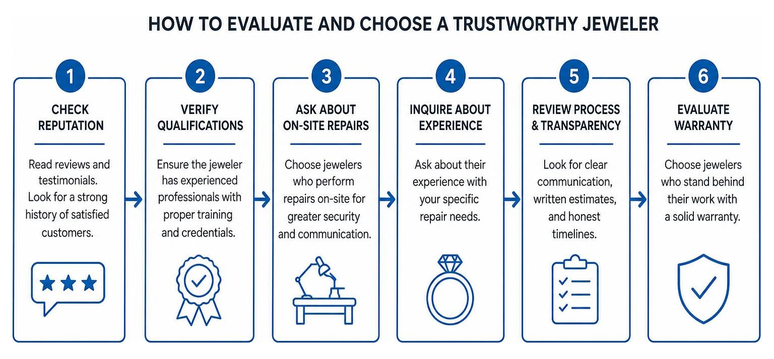 Diagram showing how to evaluate and choose a trustworthy jeweler