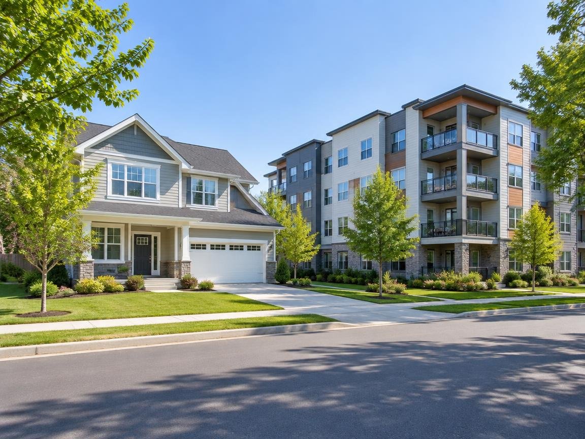 detached single-family home alongside modern condominium development