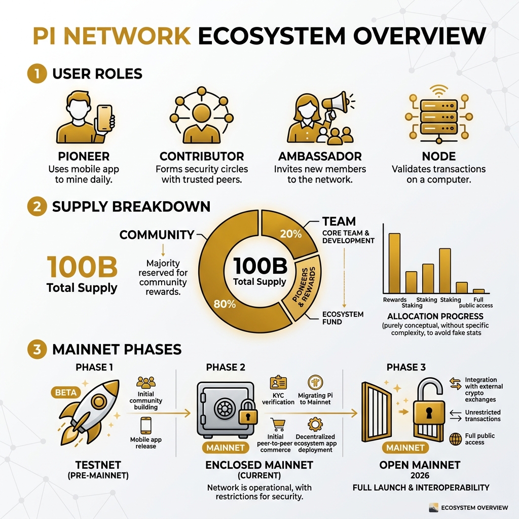 Pi Network ecosystem infographic showing user roles, supply breakdown, and mainnet phases - pi network cryptocurrency