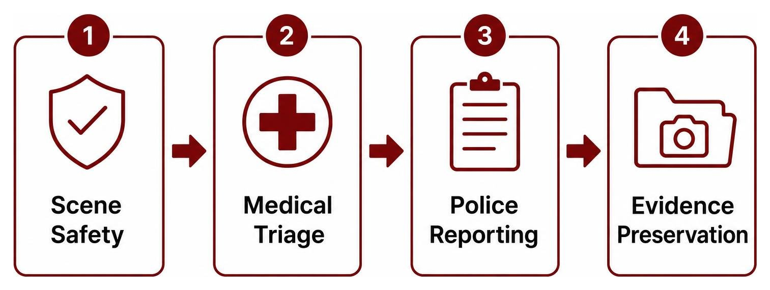 Post-accident step-by-step process: scene safety, medical triage, police reporting, evidence preservation