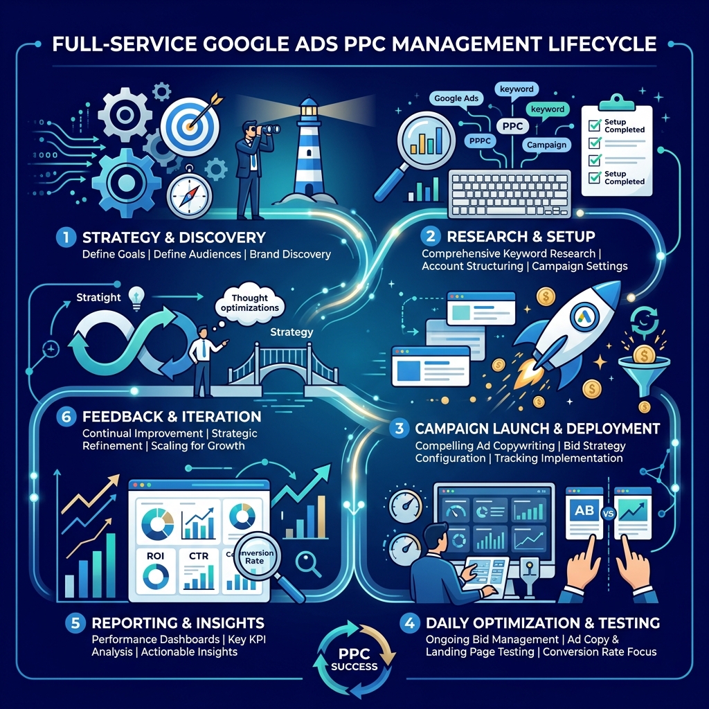 Infographic showing the PPC management lifecycle from strategy to reporting and optimization - google adwords ppc management
