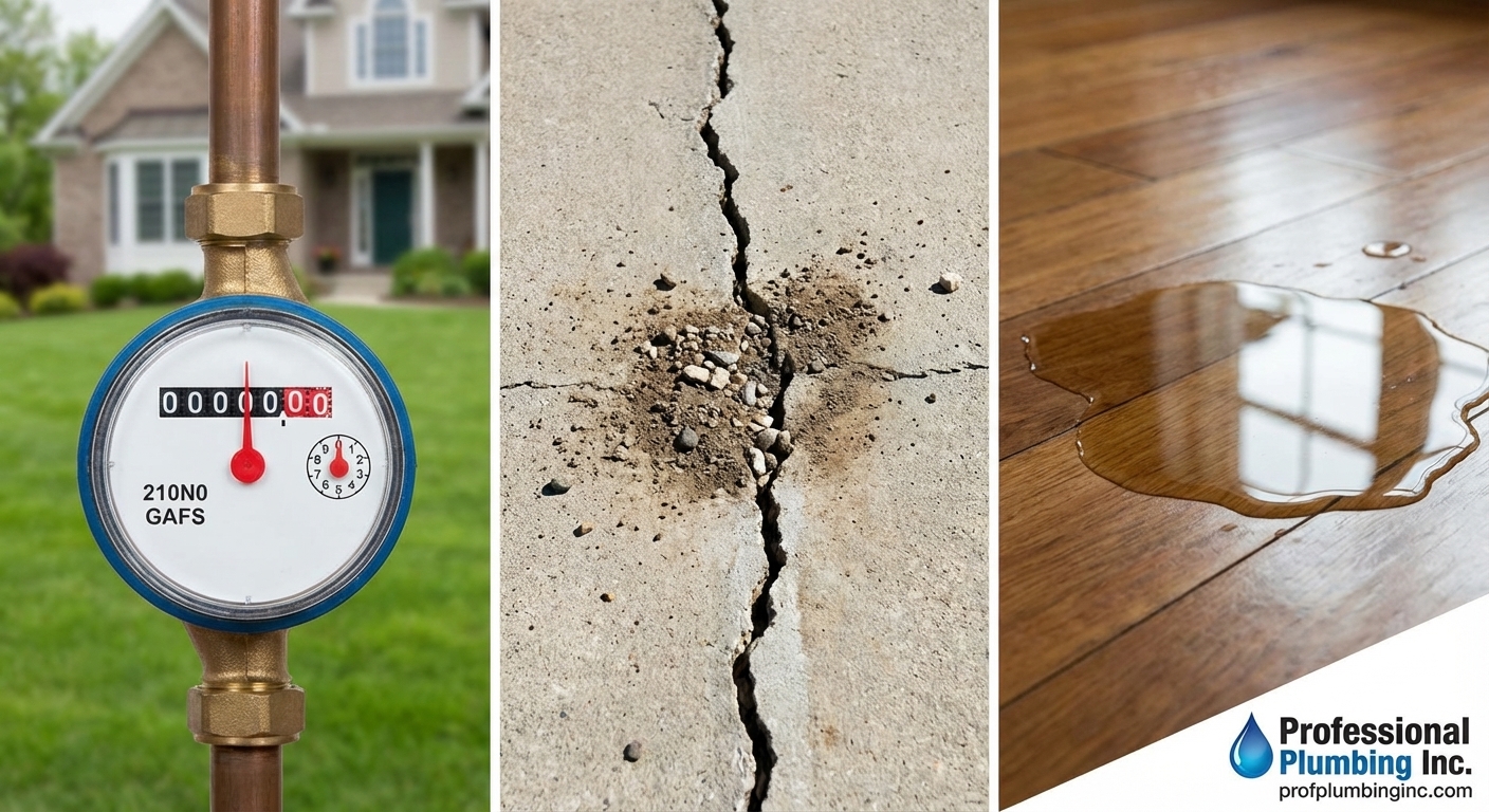 Common slab leak signs: high water meter, cracked foundation, damp spot on the floor. - Trenchless slab leak repair