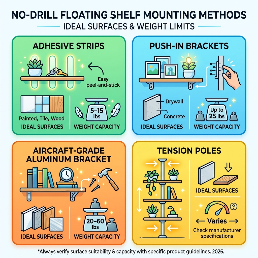 four types of no-drill floating shelf mounting methods with weight limits and ideal surfaces - no drill floating shelves
