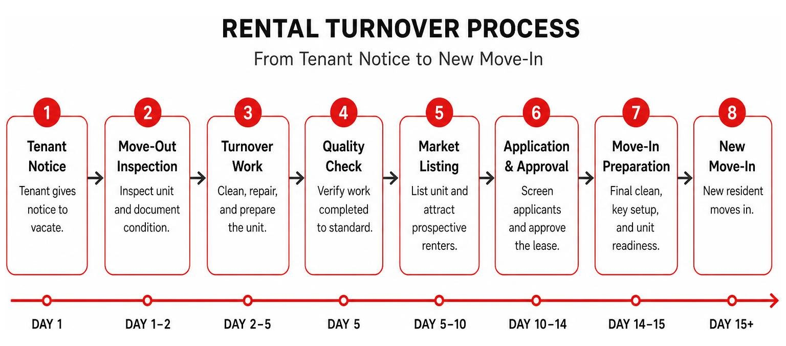 Rental turnover process diagram showing the step-by-step sequence from tenant notice to new move-in