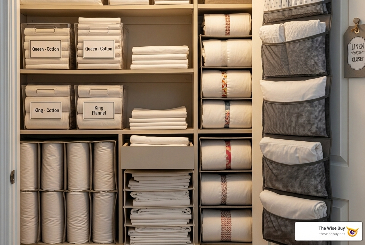 labeled fabric bins on closet shelf - bed sheet storage ideas labeled fabric bins on closet shelf - bed sheet storage ideas