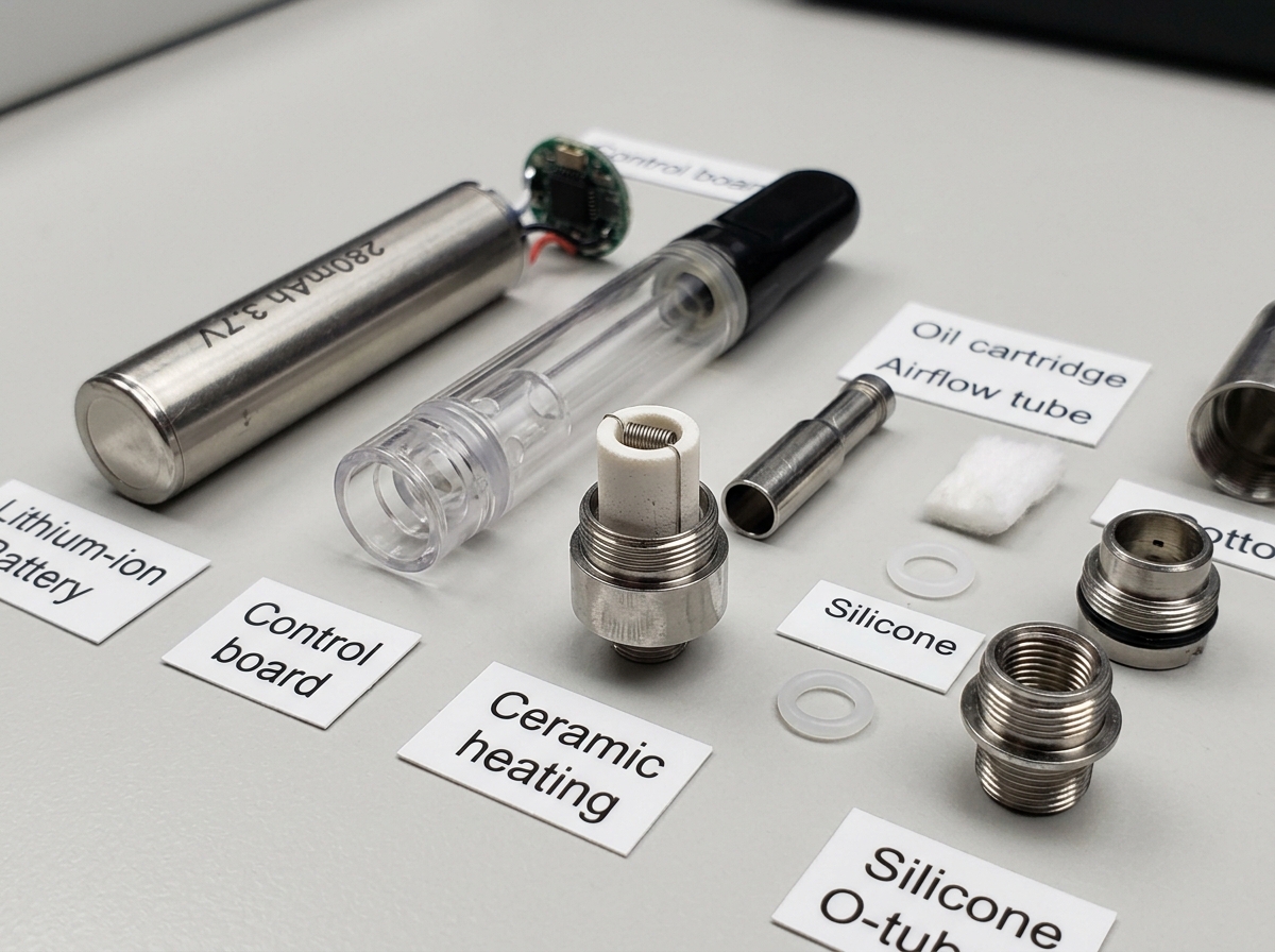 Internal components of a cannabis vape showing battery, atomizer, and ceramic heating element - cannabis vape Internal components of a cannabis vape showing battery, atomizer, and ceramic heating element - cannabis vape