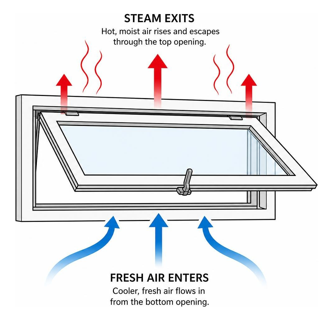 Diagram showing air flow entering from bottom and steam exiting through top of awning window opening