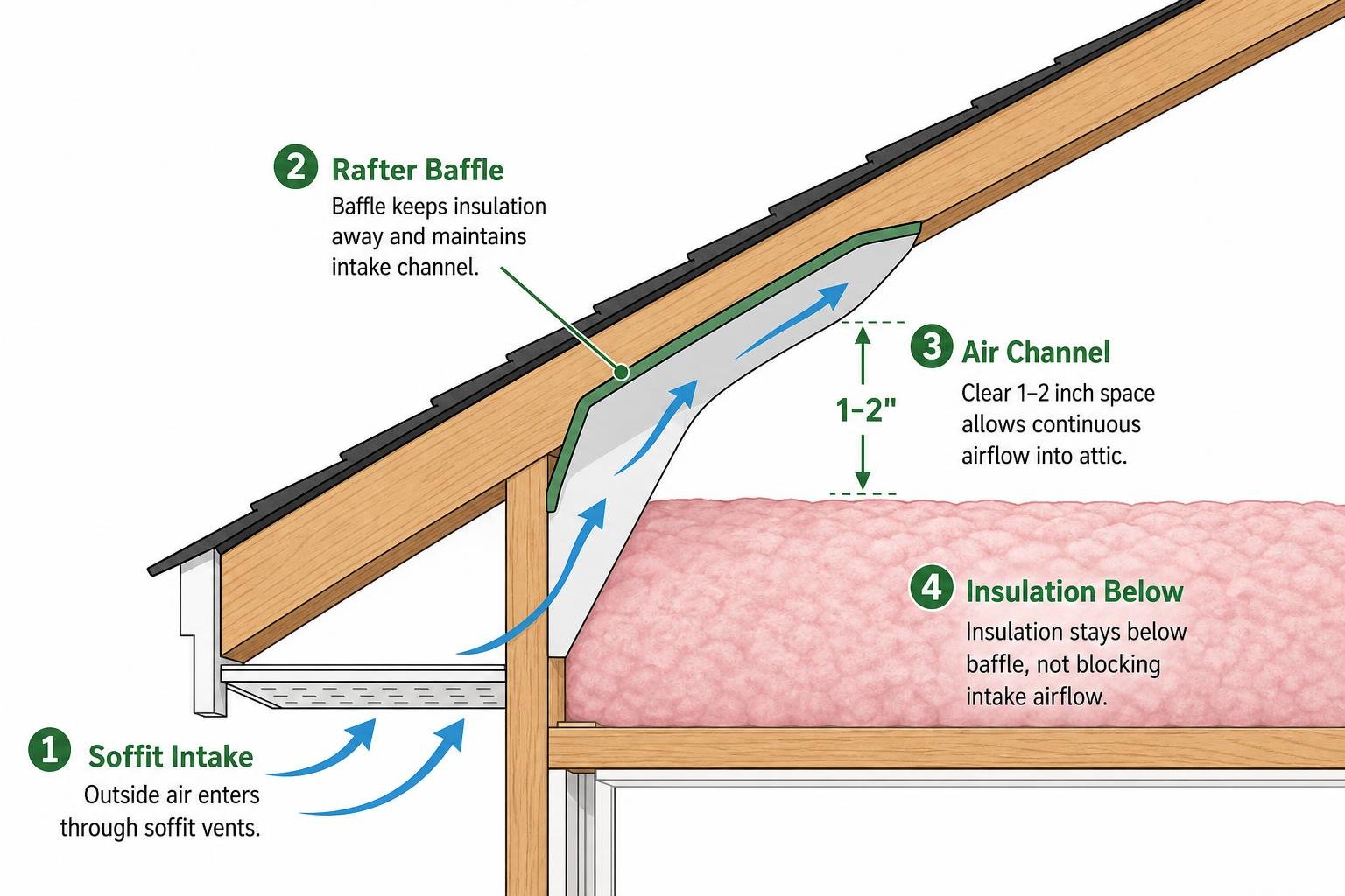 Diagram showing rafter baffles maintaining intake channel over insulation Diagram showing rafter baffles maintaining intake channel over insulation