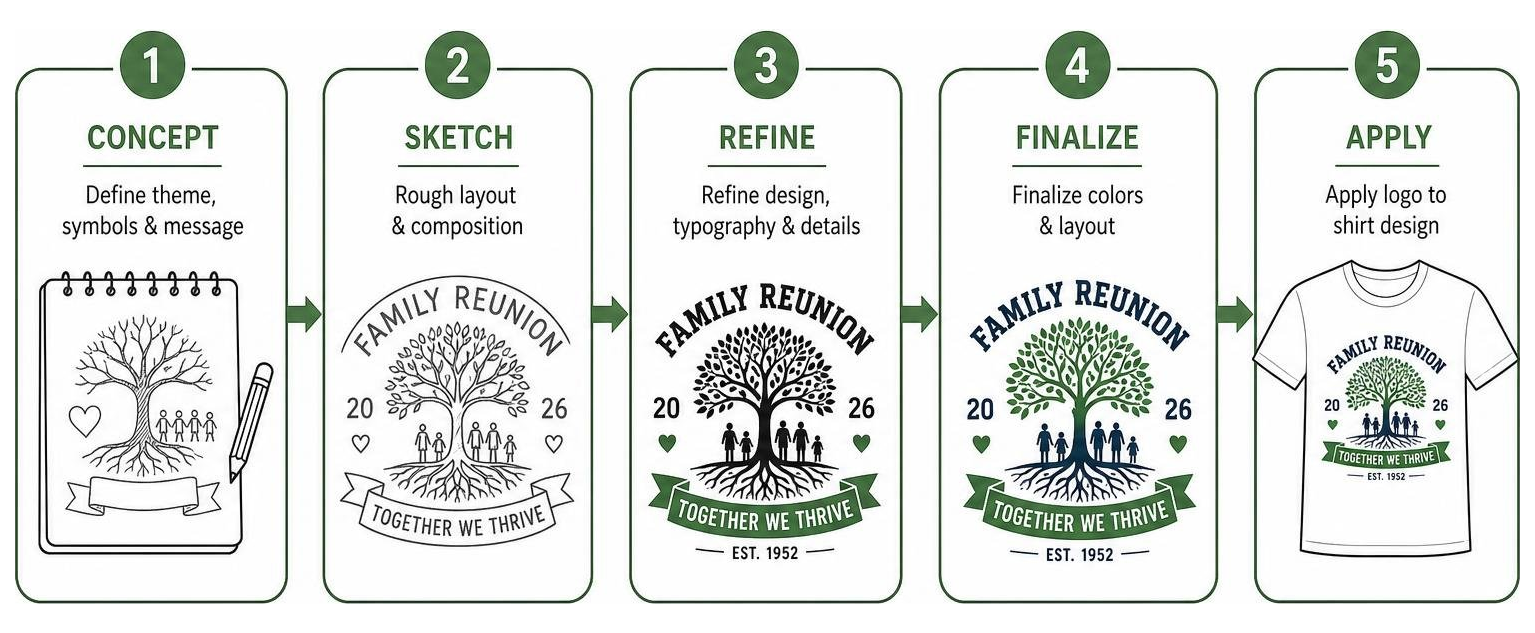 Process of customizing a family reunion logo from concept to final shirt design Process of customizing a family reunion logo from concept to final shirt design