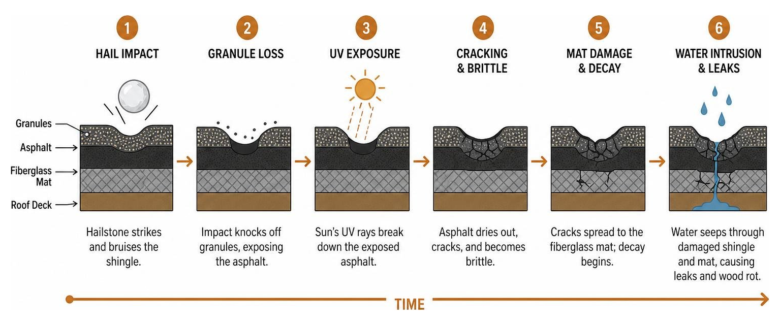 How a hailstone bruise degrades an asphalt shingle over time leading to water leaks How a hailstone bruise degrades an asphalt shingle over time leading to water leaks