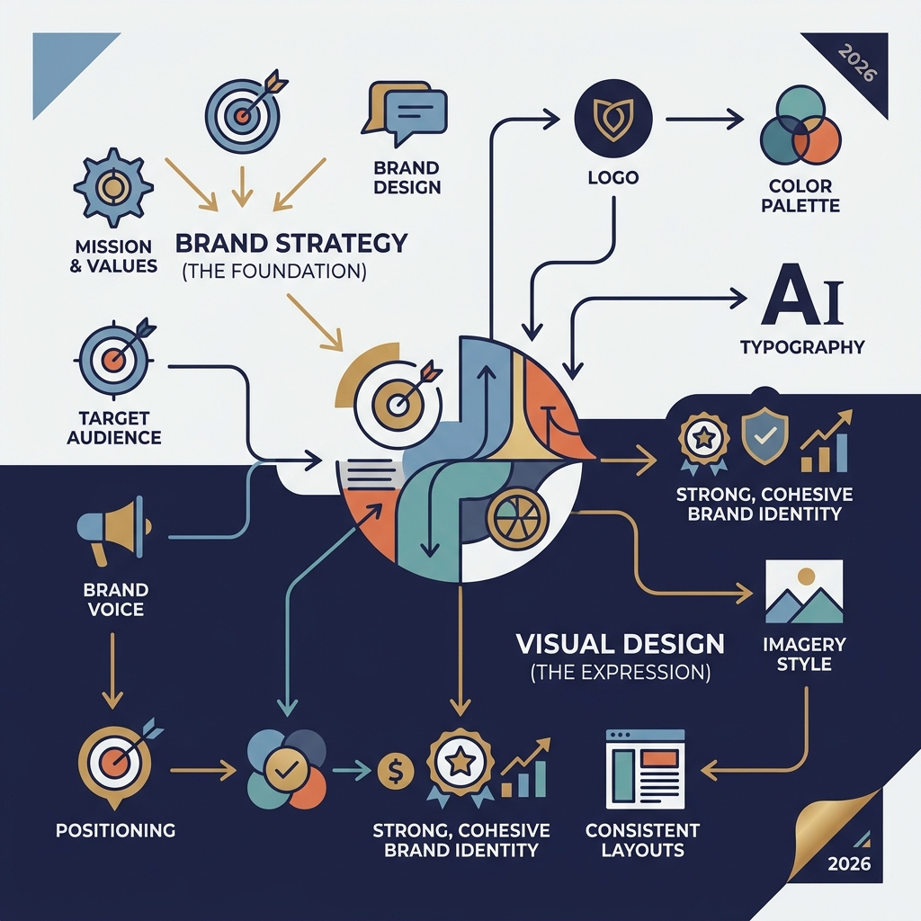 Infographic showing the relationship between brand strategy and visual design elements - branding & graphic design Infographic showing the relationship between brand strategy and visual design elements - branding & graphic design