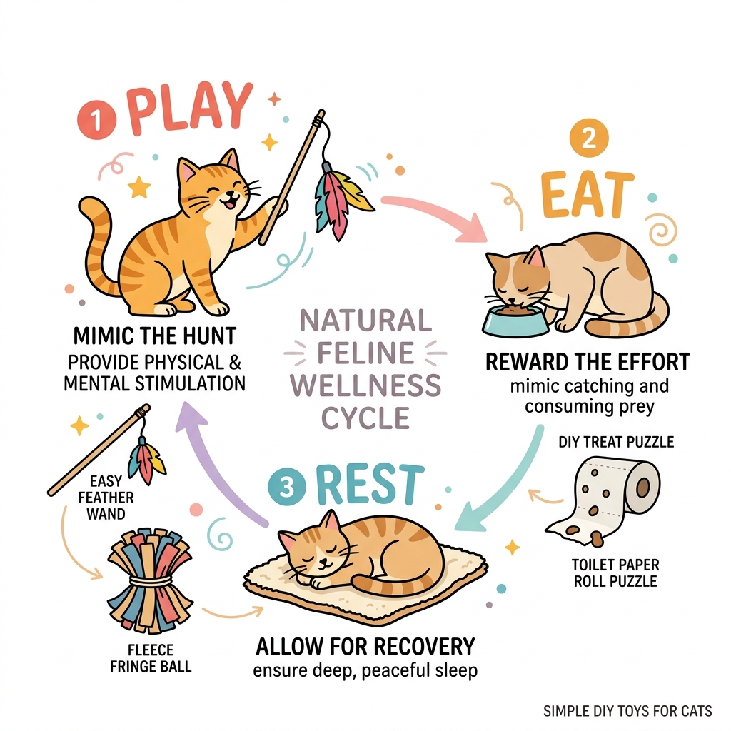 Infographic showing the cat play-eat-rest cycle with simple DIY toy examples for each stage - how to make homemade toys for