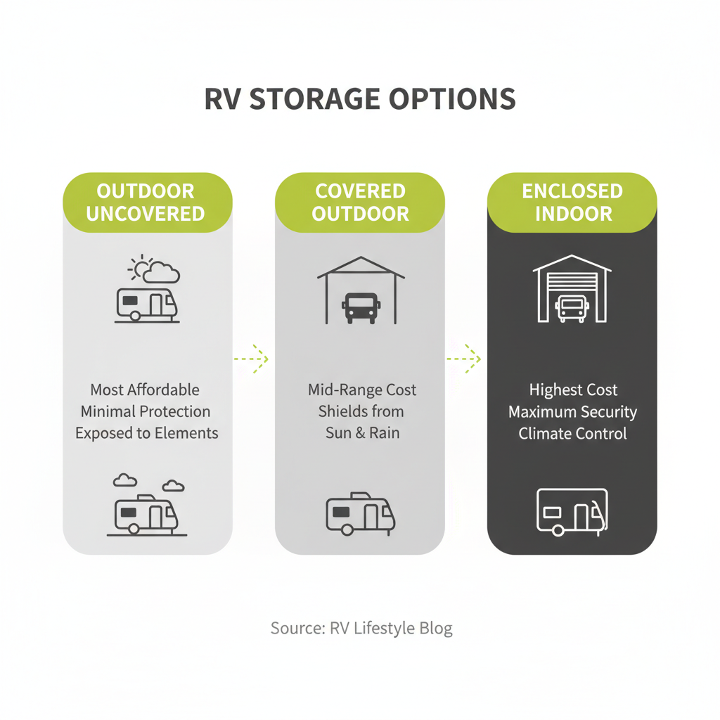 Infographic showing three main RV storage categories: Outdoor Uncovered (most affordable, minimal protection, exposed to elements), Covered Outdoor (mid-range cost, shields from sun and rain), and Enclosed Indoor (highest cost, maximum security and protection, climate control available) - RV storage options infographic Infographic showing three main RV storage categories: Outdoor Uncovered (most affordable, minimal protection, exposed to elements), Covered Outdoor (mid-range cost, shields from sun and rain), and Enclosed Indoor (highest cost, maximum security and protection, climate control available) - RV storage options infographic