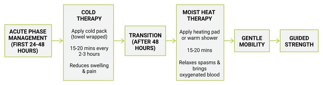 Thoracic sprain recovery timeline from ice application to gentle mobility and guided strength