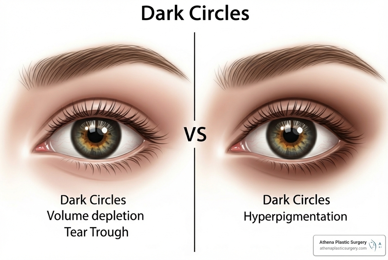 Illustration of under-eye area showing dark circles caused by volume loss (shadowing) versus dark circles caused by pigmentation - dermal fillers under eyes near me