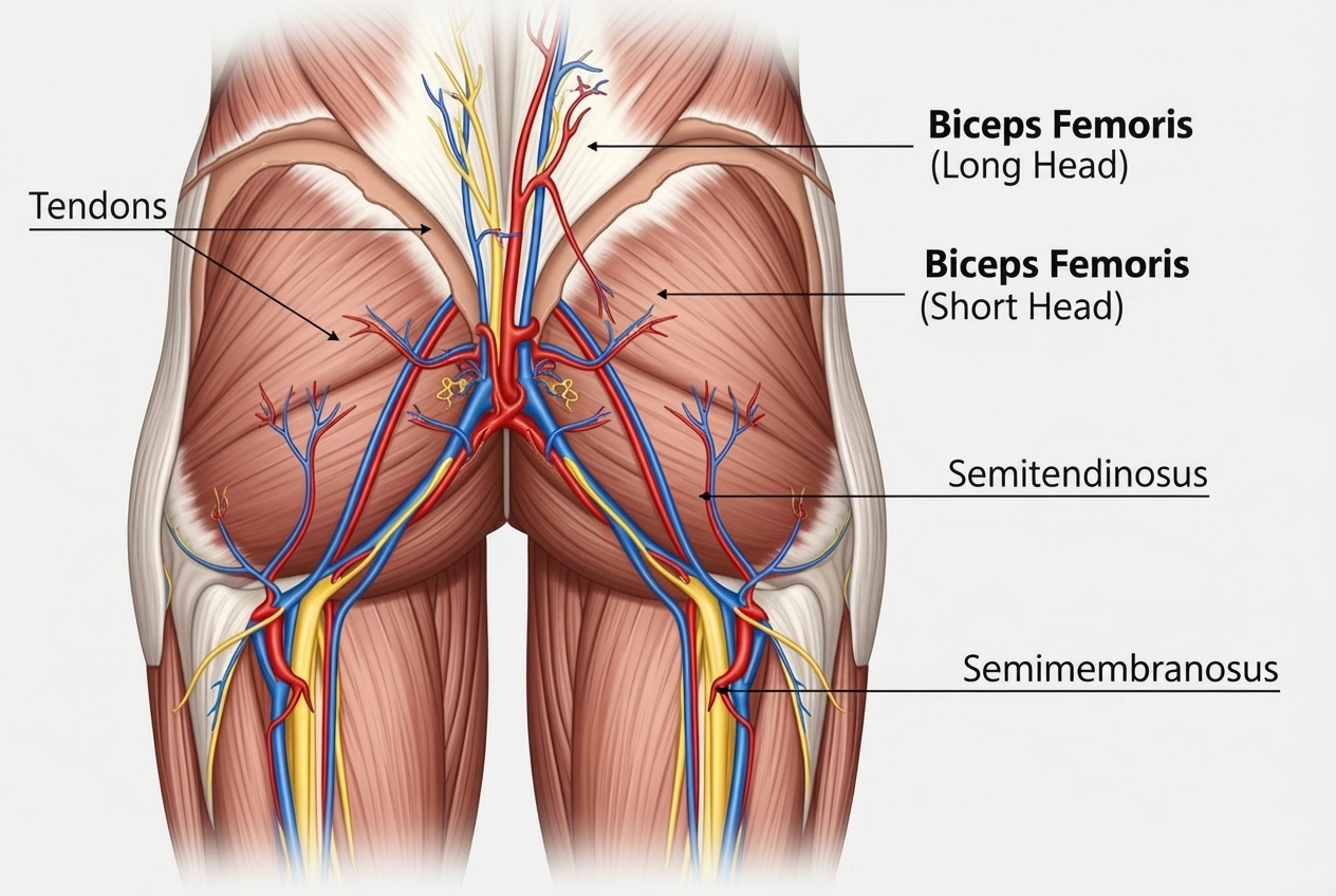 Anatomy of the hamstring muscle group, showing the biceps femoris, semitendinosus, and semimembranosus muscles at the back of the thigh. - symptoms of a torn hamstring