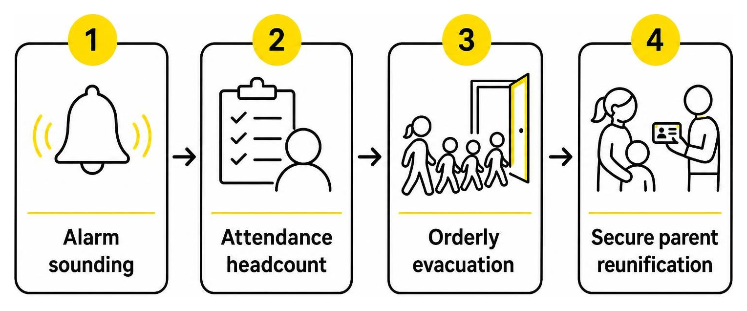 Emergency response sequence: Alarm sounding, attendance headcount, orderly evacuation, secure parent reunification