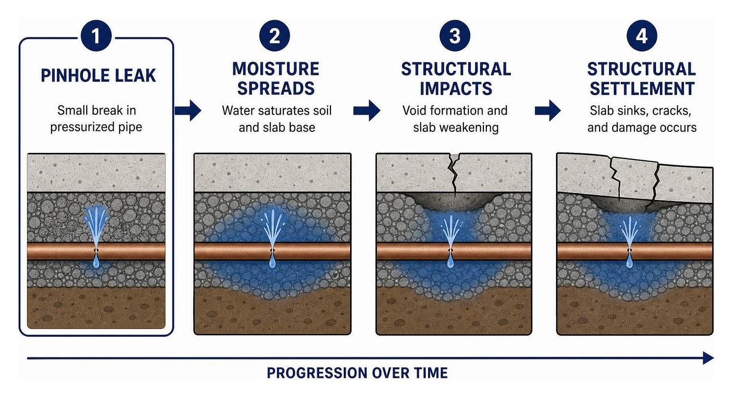 Slab leak progression from pinhole leak to structural settlement