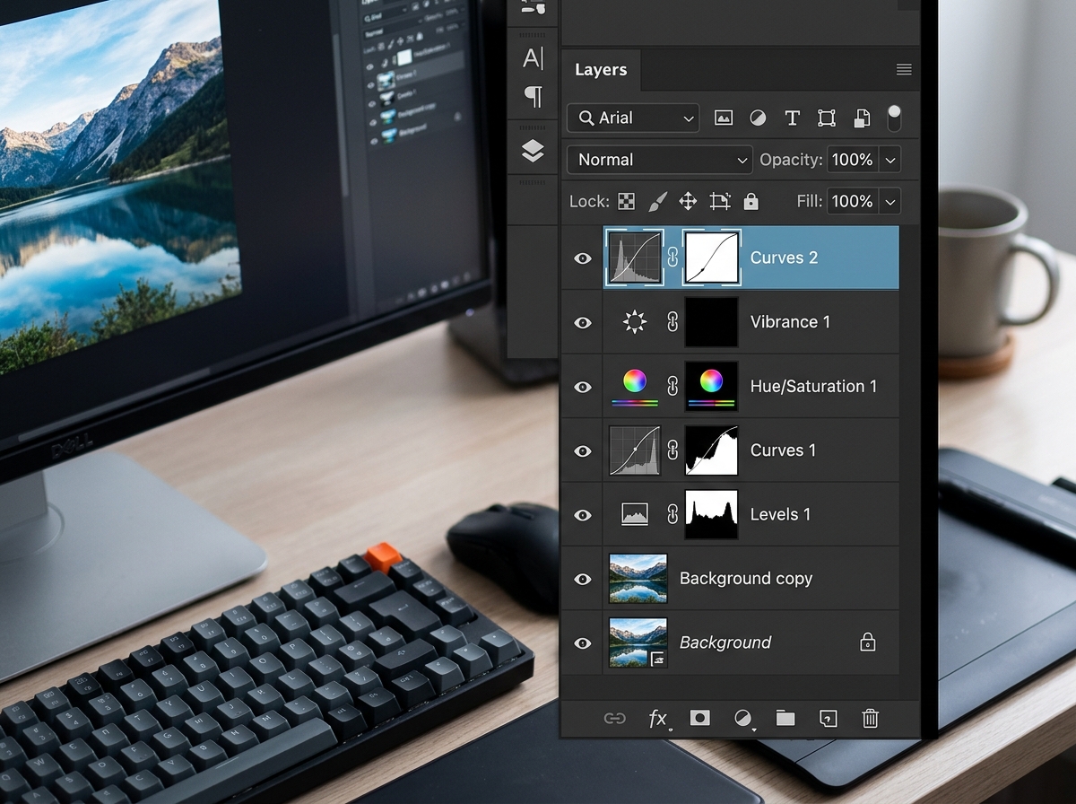The Photoshop Layers panel showing a background image with several adjustment layers stacked on top - basic photo editing in