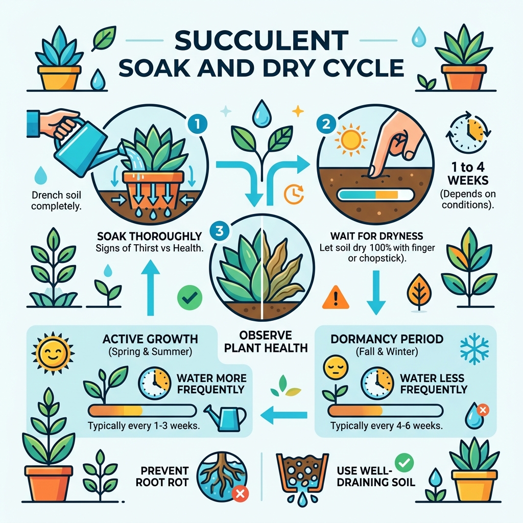 Infographic showing the soak and dry cycle for succulents including steps, timing, and dormancy adjustments - succulents Infographic showing the soak and dry cycle for succulents including steps, timing, and dormancy adjustments - succulents