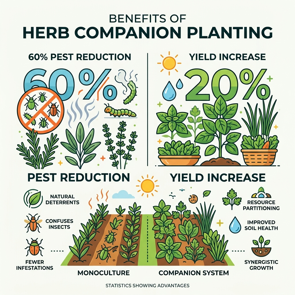 Statistics showing 60% pest reduction and 20% yield increase in companion systems - best herbs to grow together infographic 