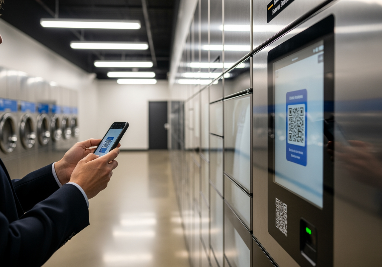 person scanning a QR code at a laundry locker - same day dry cleaning san diego