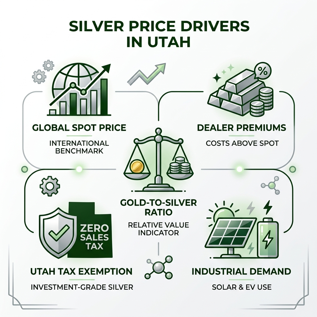 Silver price drivers in Utah: spot price, premiums, gold-to-silver ratio, tax exemption, industrial demand - silver price