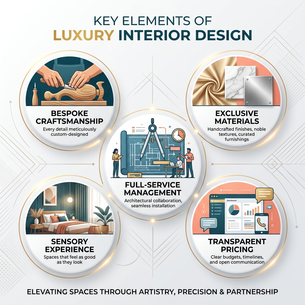 Infographic showing key elements of luxury interior design: bespoke craftsmanship, exclusive materials, full-service Infographic showing key elements of luxury interior design: bespoke craftsmanship, exclusive materials, full-service