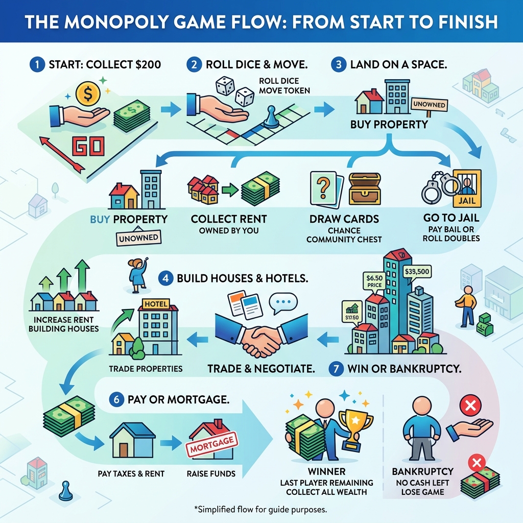 Basic Monopoly game flow from GO to Bankruptcy infographic - monopoly game guide infographic Basic Monopoly game flow from GO to Bankruptcy infographic - monopoly game guide infographic