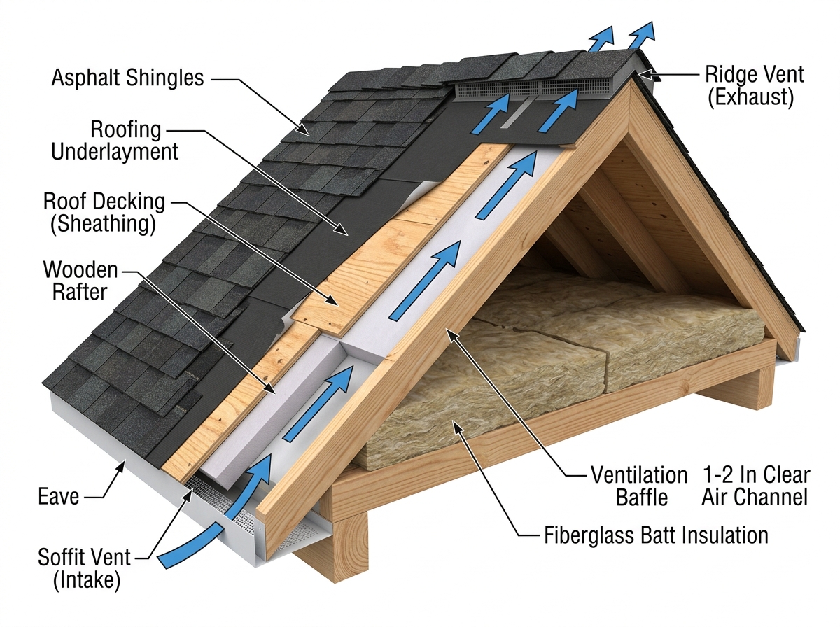 Diagram of roof ventilation baffles and rafter vents in a sloped attic - attic insulation for sloped roofs
