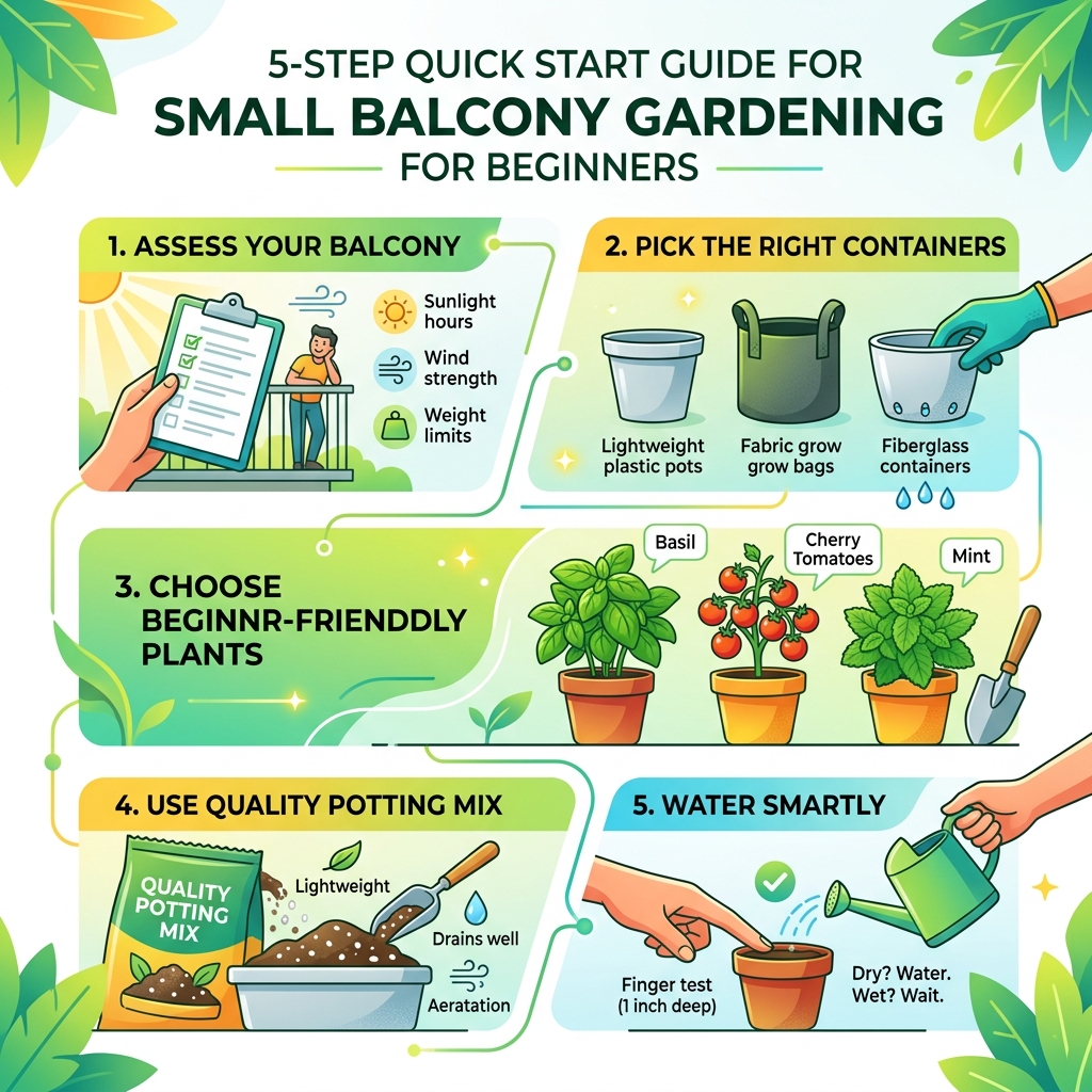 5-step quick start guide for small balcony gardening for beginners - small balcony gardening for beginners infographic 