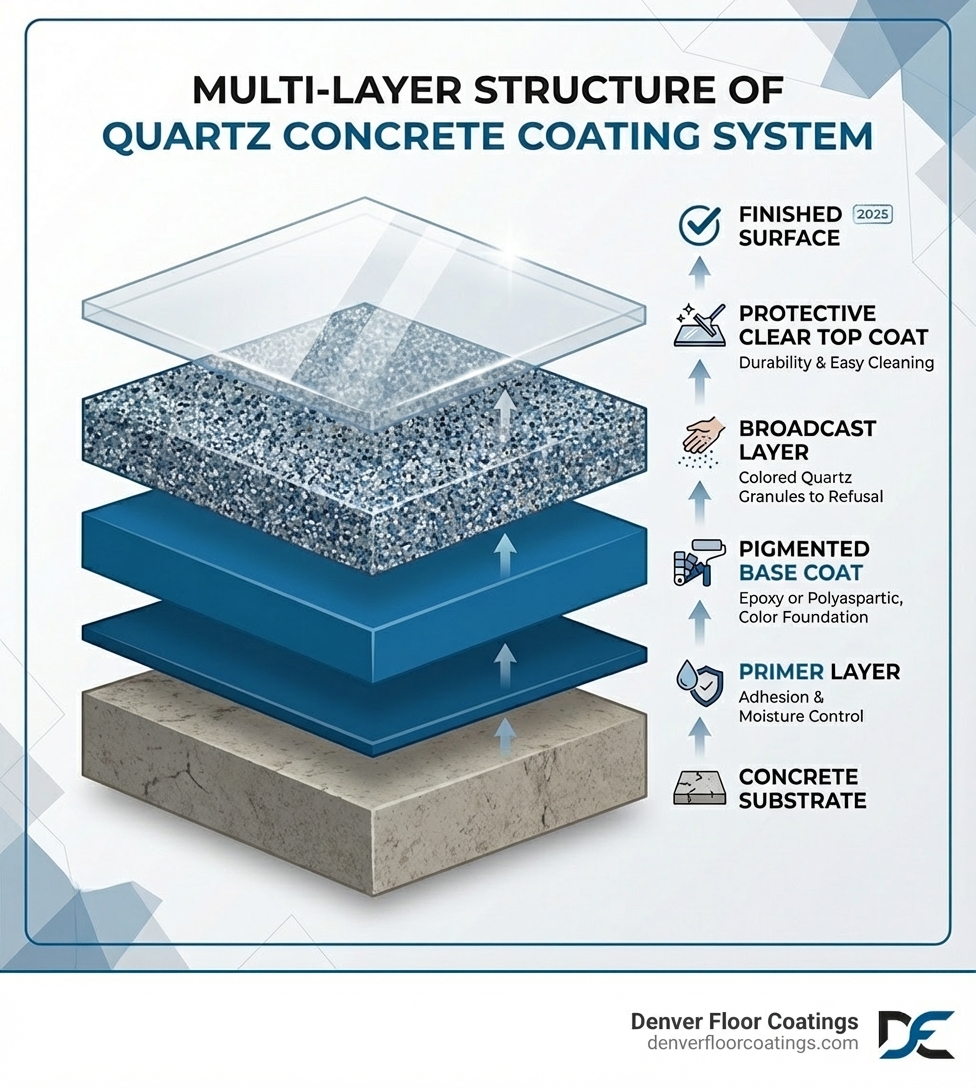 Infographic showing the multi-layer structure of a quartz concrete coating system, including the concrete substrate at the base, primer layer for adhesion and moisture control, pigmented base coat of epoxy or polyaspartic, broadcast layer of colored quartz granules applied to refusal, and protective clear top coat for durability and easy cleaning - quartz concrete coating infographic 